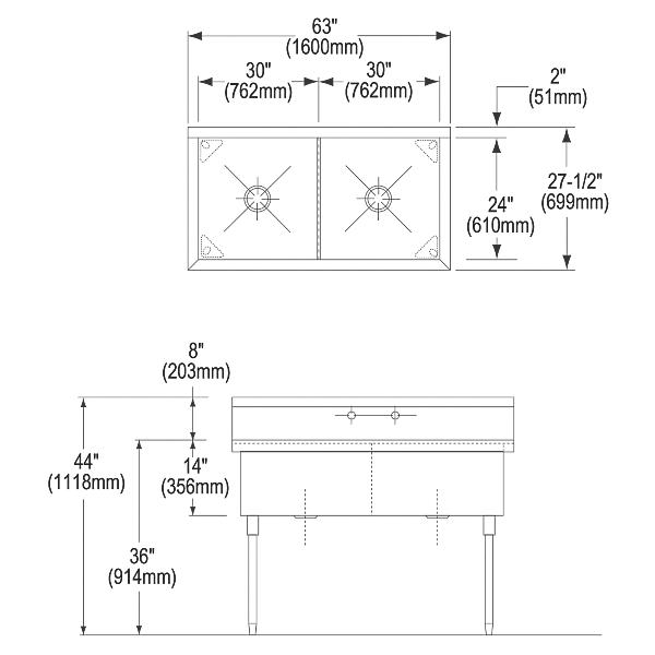 Elkay SS82602 Sturdibilt® Stainless Steel 63" x 27-1/2" x 14" Floor Mount Double Compartment Scullery Sink