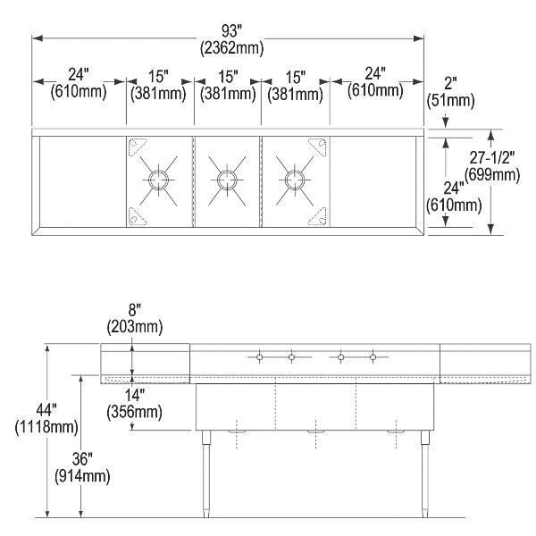 Elkay SS8345LR4 Sturdibilt® Stainless Steel 93" x 27-1/2" x 14" Floor Mount Triple Compartment Scullery Sink with Drainboard