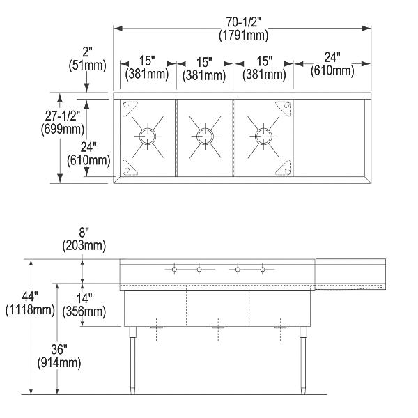 Elkay SS8345R4 Sturdibilt® Stainless Steel 70-1/2" x 27-1/2" x 14" Floor Mount Triple Compartment Scullery Sink w/ Drainboard