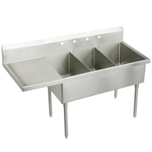 Elkay SS8354L4 Sturdibilt® Stainless Steel 79-1/2" x 27-1/2" x 14" Floor Mount Triple Compartment Scullery Sink w/ Drainboard