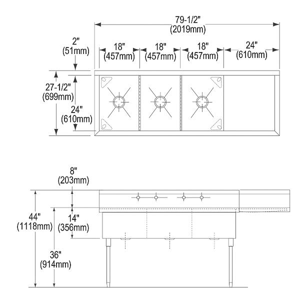 Elkay SS8354R4 Sturdibilt® Stainless Steel 79-1/2" x 27-1/2" x 14" Floor Mount Triple Compartment Scullery Sink w/ Drainboard