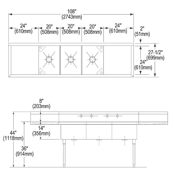 Elkay SS8360LR4 Sturdibilt® Stainless Steel 108" x 27-1/2" x 14" Floor Mount Triple Compartment Scullery Sink with Drainboard