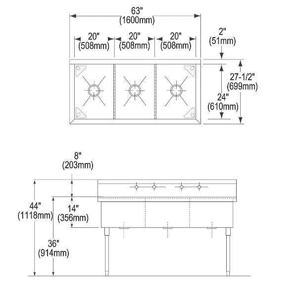 Elkay SS83604 Sturdibilt® Stainless Steel 63" x 27-1/2" x 14" Floor Mount Triple Compartment Scullery Sink