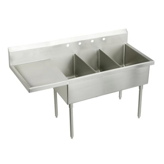 Elkay SS8372L4 Sturdibilt® Stainless Steel 97-1/2" x 27-1/2" x 14" Floor Mount Triple Compartment Scullery Sink w/ Drainboard