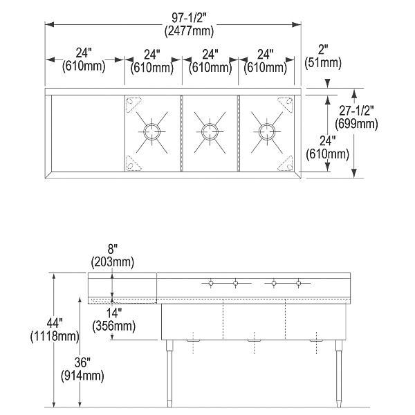 Elkay SS8372L4 Sturdibilt® Stainless Steel 97-1/2" x 27-1/2" x 14" Floor Mount Triple Compartment Scullery Sink w/ Drainboard