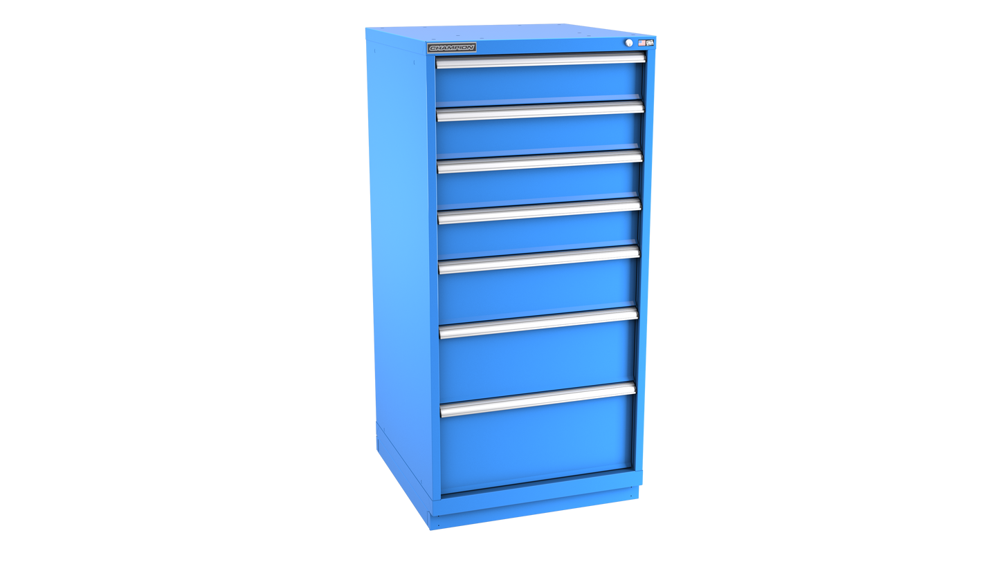 Champion Tool Storage SWS2700-0701-ILC-FTB-BB 7-Drawer Shallow Depth Modular Cabinet SWS0701 | 28-1/4"W x 59-1/2"H x 22-1/2"D, Bright Blue