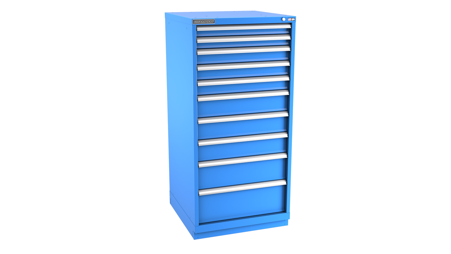 Champion Tool Storage SWS2700-1002-ILC-FTB-BB 10-Drawer Shallow Depth Modular Cabinet SWS1002 | 28-1/4"W x 59-1/2"H x 22-1/2"D, Bright Blue