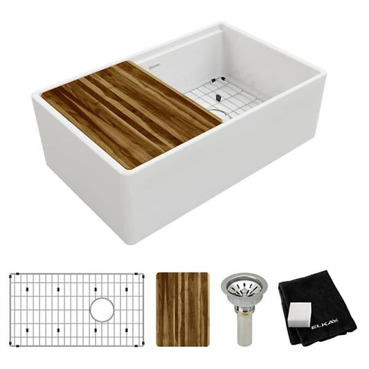 Elkay SWUF13020CBWH Fireclay 30" x 18-13/16" x 9-5/8" Single Bowl Farmhouse Workstation Sink Kit White