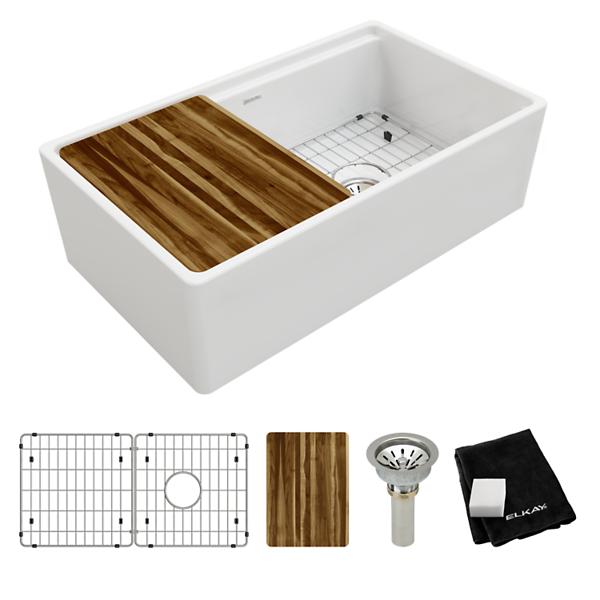 Elkay SWUF13320CBWH Fireclay 33" x 18-13/16" x 9-5/8" Single Bowl Farmhouse Workstation Sink Kit White