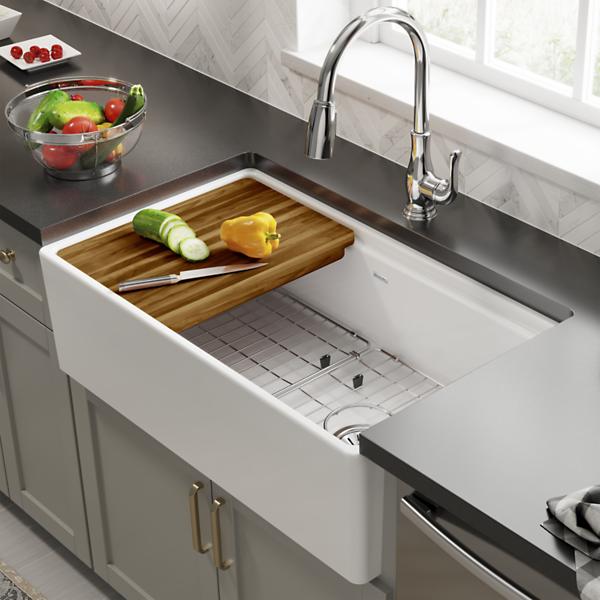 Elkay SWUF13320CBWH Fireclay 33" x 18-13/16" x 9-5/8" Single Bowl Farmhouse Workstation Sink Kit White