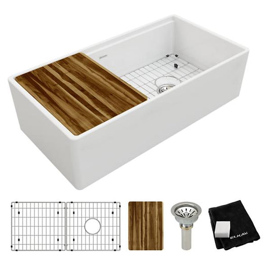 Elkay SWUF13620CBWH Fireclay 36" x 18-13/16" x 9-5/8" Single Bowl Farmhouse Workstation Sink Kit White