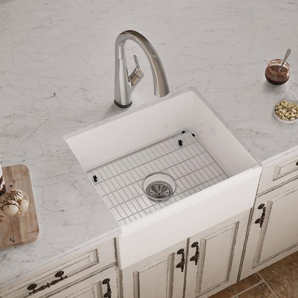 Elkay SWUF2520WHFLC Fireclay 24-7/16" x 19-11/16" x 9-1/8" Single Bowl Farmhouse Sink Kit with Filtered Faucet White