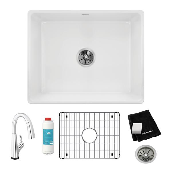 Elkay SWUF2520WHFLC Fireclay 24-7/16" x 19-11/16" x 9-1/8" Single Bowl Farmhouse Sink Kit with Filtered Faucet White