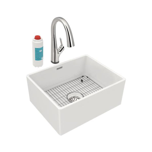 Elkay SWUF2520WHFLC Fireclay 24-7/16" x 19-11/16" x 9-1/8" Single Bowl Farmhouse Sink Kit with Filtered Faucet White