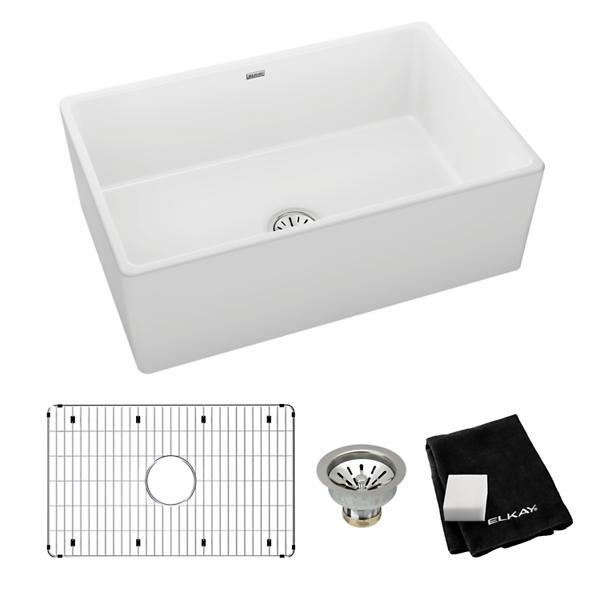 Elkay SWUF28179WHC Fireclay 30" x 19-15/16" x 9-1/8" Single Bowl Farmhouse Sink Kit White