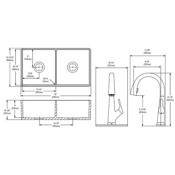 Elkay SWUF32189WHFLC Fireclay 33" x 19-15/16" x 9" Equal Double Bowl Farmhouse Sink Kit with Filtered Faucet White