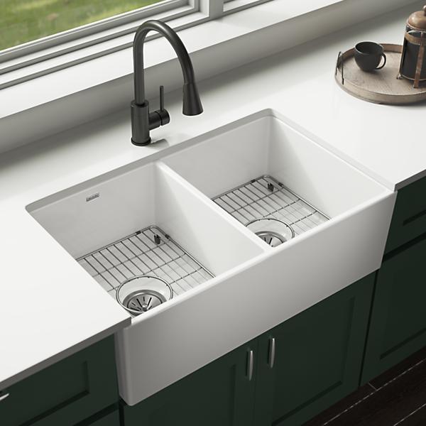 Elkay SWUF32189WHC Fireclay 33" x 19-15/16" x 9" Equal Double Bowl Farmhouse Sink Kit White