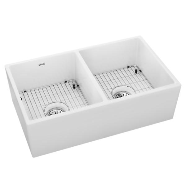 Elkay SWUF32189WHC Fireclay 33" x 19-15/16" x 9" Equal Double Bowl Farmhouse Sink Kit White