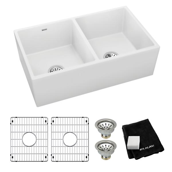 Elkay SWUF32189WHC Fireclay 33" x 19-15/16" x 9" Equal Double Bowl Farmhouse Sink Kit White