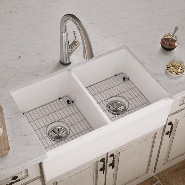 Elkay SWUF32189WHFLC Fireclay 33" x 19-15/16" x 9" Equal Double Bowl Farmhouse Sink Kit with Filtered Faucet White