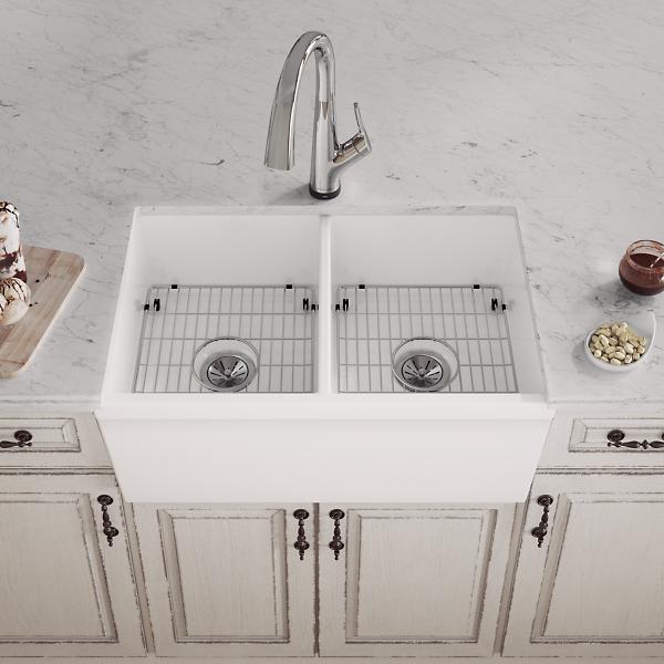 Elkay SWUF32189WHFLC Fireclay 33" x 19-15/16" x 9" Equal Double Bowl Farmhouse Sink Kit with Filtered Faucet White