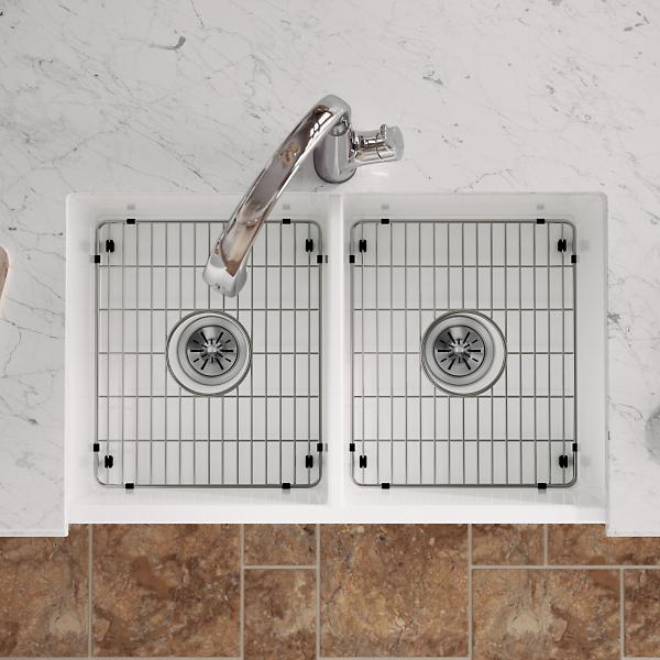 Elkay SWUF32189WHFLC Fireclay 33" x 19-15/16" x 9" Equal Double Bowl Farmhouse Sink Kit with Filtered Faucet White