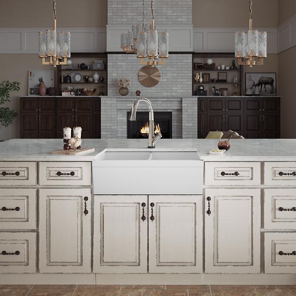 Elkay SWUF32189WHFLC Fireclay 33" x 19-15/16" x 9" Equal Double Bowl Farmhouse Sink Kit with Filtered Faucet White