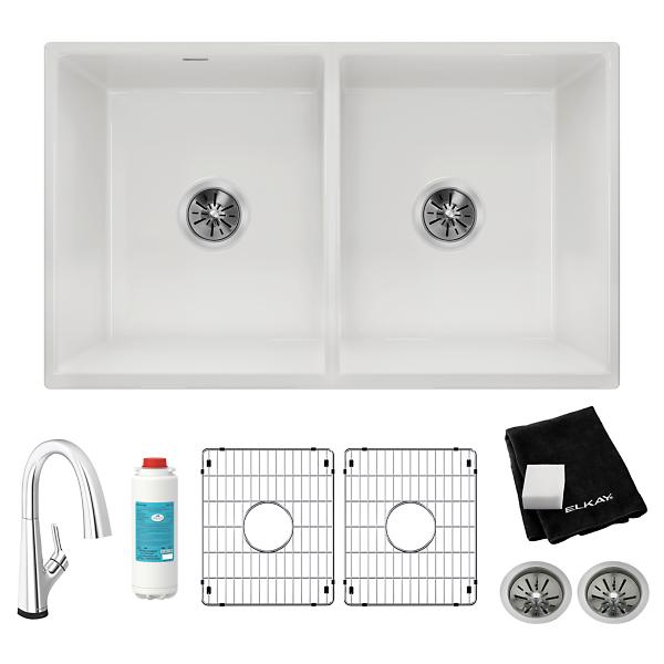 Elkay SWUF32189WHFLC Fireclay 33" x 19-15/16" x 9" Equal Double Bowl Farmhouse Sink Kit with Filtered Faucet White