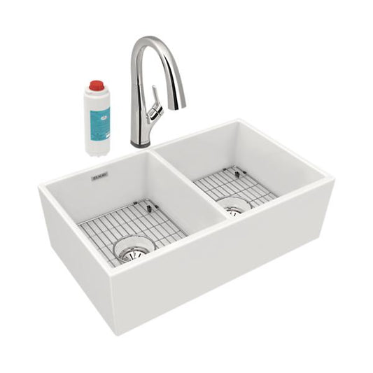 Elkay SWUF32189WHFLC Fireclay 33" x 19-15/16" x 9" Equal Double Bowl Farmhouse Sink Kit with Filtered Faucet White