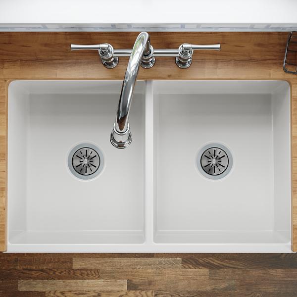 Elkay SWUF32189WH Fireclay 33" x 19-15/16" x 9" Equal Double Bowl Farmhouse Sink White