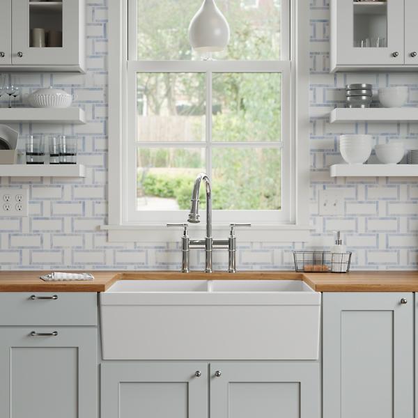 Elkay SWUF32189WH Fireclay 33" x 19-15/16" x 9" Equal Double Bowl Farmhouse Sink White