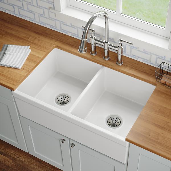 Elkay SWUF32189WH Fireclay 33" x 19-15/16" x 9" Equal Double Bowl Farmhouse Sink White