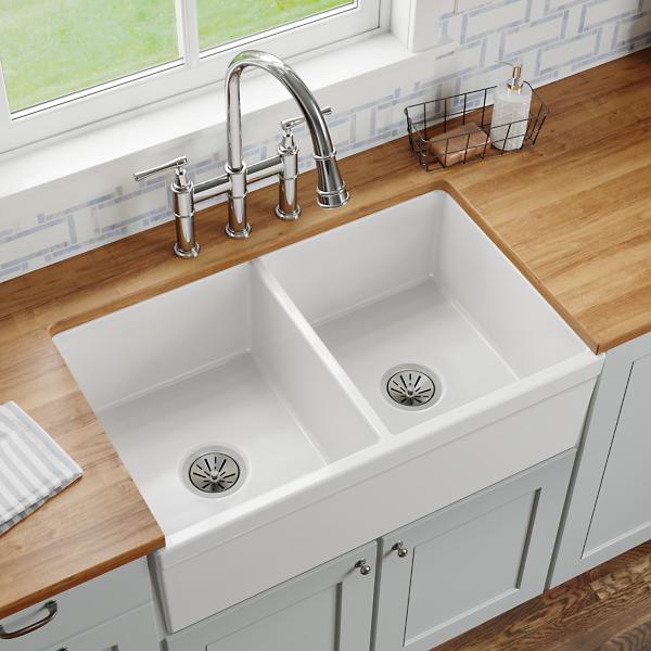 Elkay SWUF32189WH Fireclay 33" x 19-15/16" x 9" Equal Double Bowl Farmhouse Sink White
