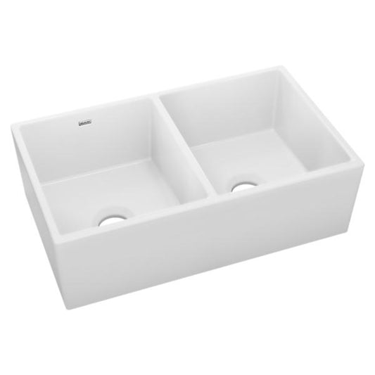 Elkay SWUF32189WH Fireclay 33" x 19-15/16" x 9" Equal Double Bowl Farmhouse Sink White