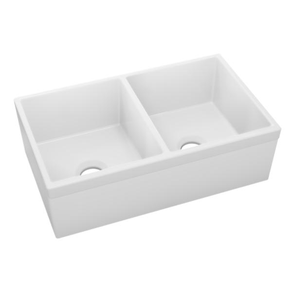 Elkay SWUF32189WH Fireclay 33" x 19-15/16" x 9" Equal Double Bowl Farmhouse Sink White