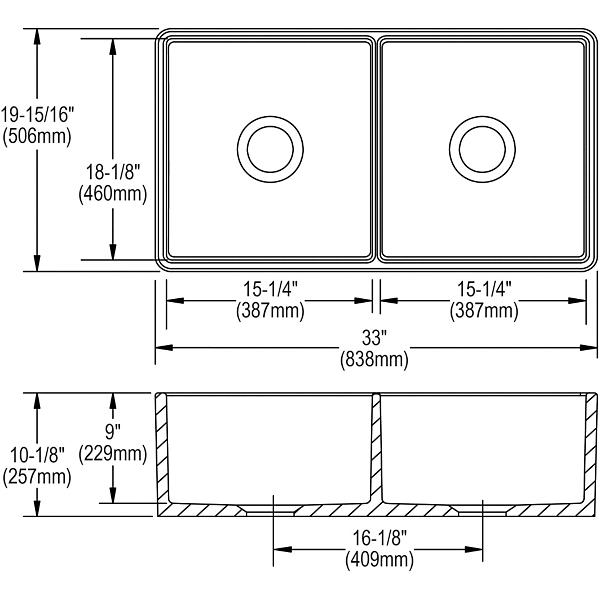 Elkay SWUF32189WHC Fireclay 33" x 19-15/16" x 9" Equal Double Bowl Farmhouse Sink Kit White