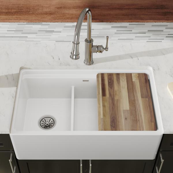 Elkay SWUF3320WH Fireclay 33" x 19-15/16" x 9-3/16" 60/40 Double Bowl Farmhouse Workstation Sink with Aqua Divide White