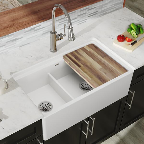 Elkay SWUF3320WH Fireclay 33" x 19-15/16" x 9-3/16" 60/40 Double Bowl Farmhouse Workstation Sink with Aqua Divide White