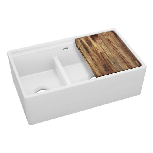 Elkay SWUF3320WH Fireclay 33" x 19-15/16" x 9-3/16" 60/40 Double Bowl Farmhouse Workstation Sink with Aqua Divide White