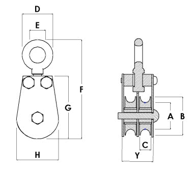 Block Division 01548-2-SN 1-1/2″ Swivel Eye Pulley Block, Snatch Pin, 2 Sheaves