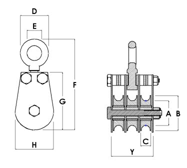 Block Division 02048-3-SS 2″ Swivel Eye Pulley Block 3 Sheaves for 3/16” Rope, Stainless Steel