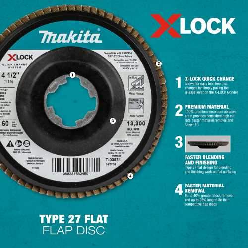 Makita T-03947 X‘LOCK 4‘1/2" 80 Grit Type 27 Flat Blending and Finishing Flap Disc for X‘LOCK and All 7/8" Arbor Grinders