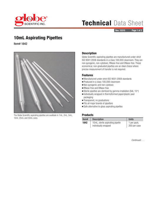 Globe Scientific 1842 Aspirating Pipette 10mL PS Standard Tip 345mm STERILE No Printing Individually Wrapped Paper/Plastic