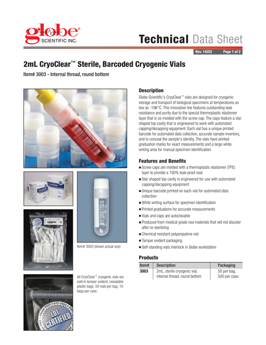 Globe Scientific 3003 CryoCLEAR vials 2.0mL STERILE Internal Threads Attached Screwcap with Co-Molded Thermoplastic Elastomer (TPE) Sealing Layer Round Bottom Printed Graduations Writing Space and Barcode 50/Bag 10 Bags/Case