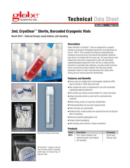 Globe Scientific 3013 CryoCLEAR vials 3.0mL STERILE External Threads Attached Screwcap with Co-Molded Thermoplastic Elastomer (TPE) Sealing Layer Round Bottom Self-Standing Printed Graduations Writing Space and Barcode 50/Bag 10 Bags/Case