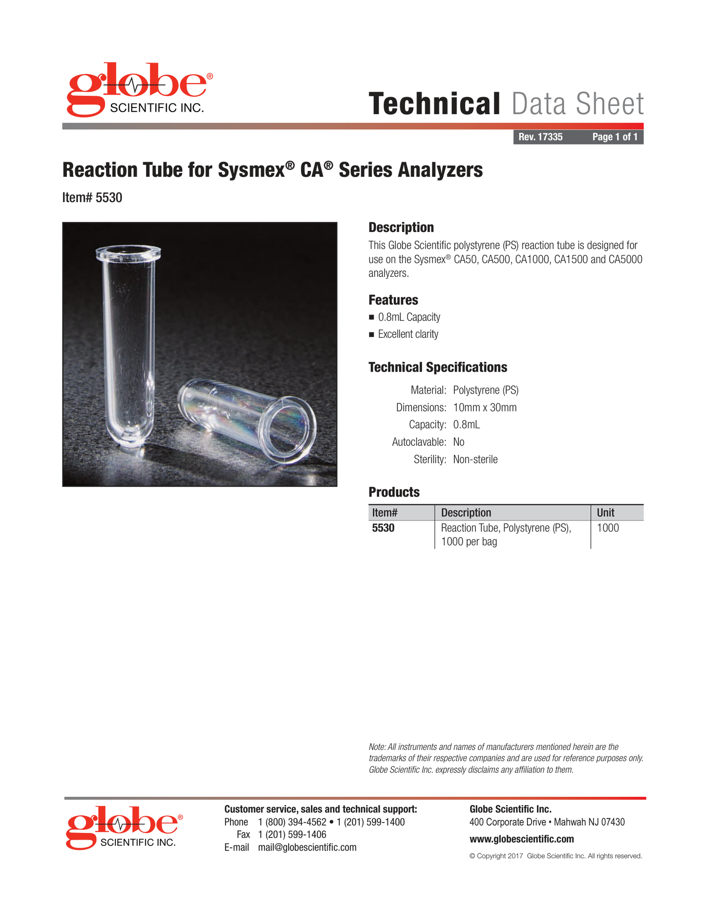 Globe Scientific 5530 SYSMEX Reaction Tube for use with Sysmex CA Series analyzers