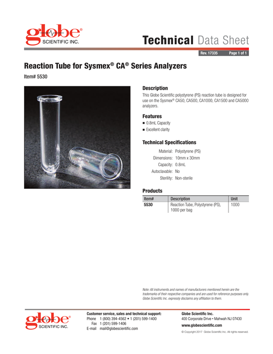 Globe Scientific 5530 SYSMEX Reaction Tube for use with Sysmex CA Series analyzers