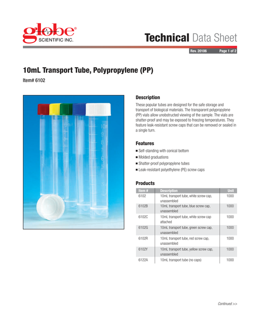 Globe Scientific 6102 Transport Tube 10mL with Separate White Screw Cap PP Conical Bottom Self-Standing Molded Graduations