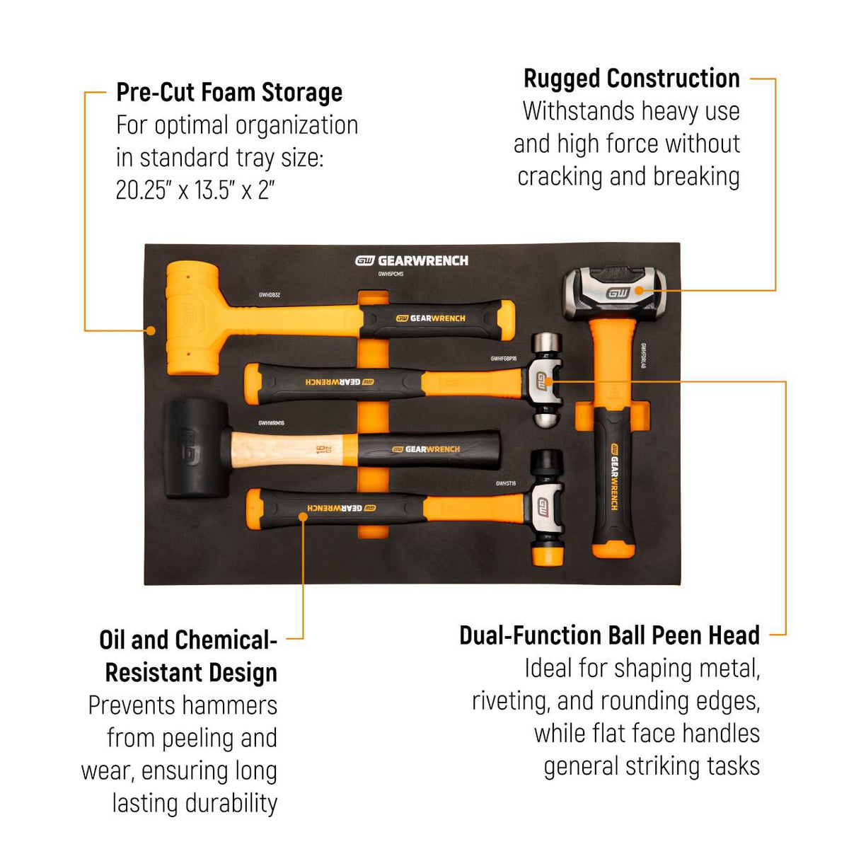 Gearwrench GWH5PCMS 5 Piece Mixed Hammer Set in Foam Storage Tray
