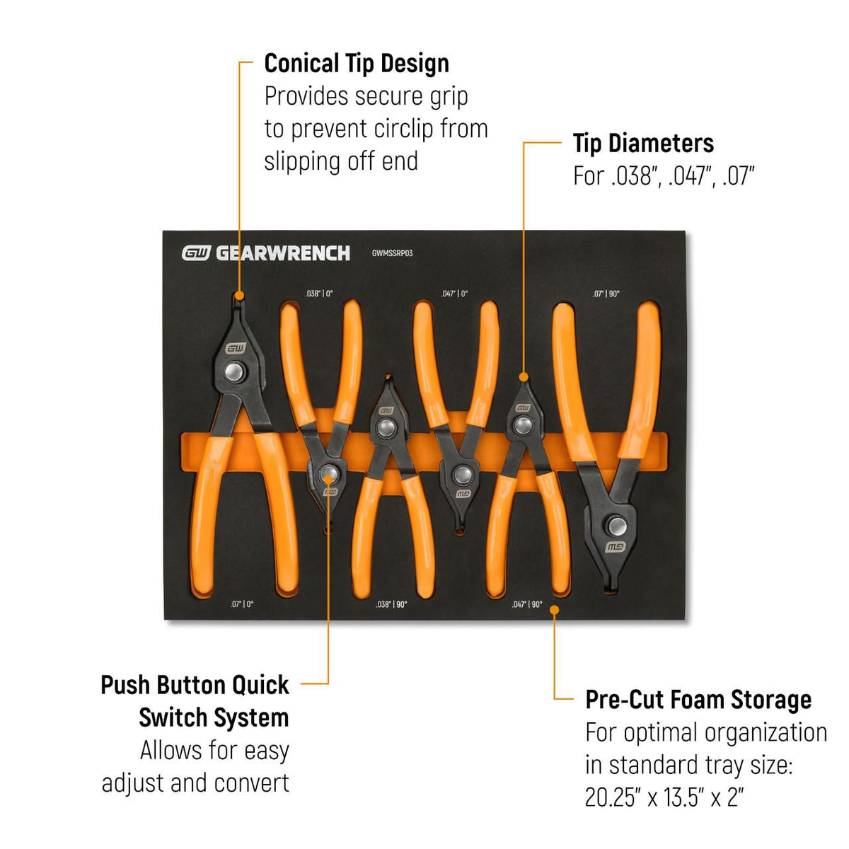 Gearwrench GWMSSRP03 6 Piece Convertible Push Button Snap Ring Pliers Set in Foam Tray